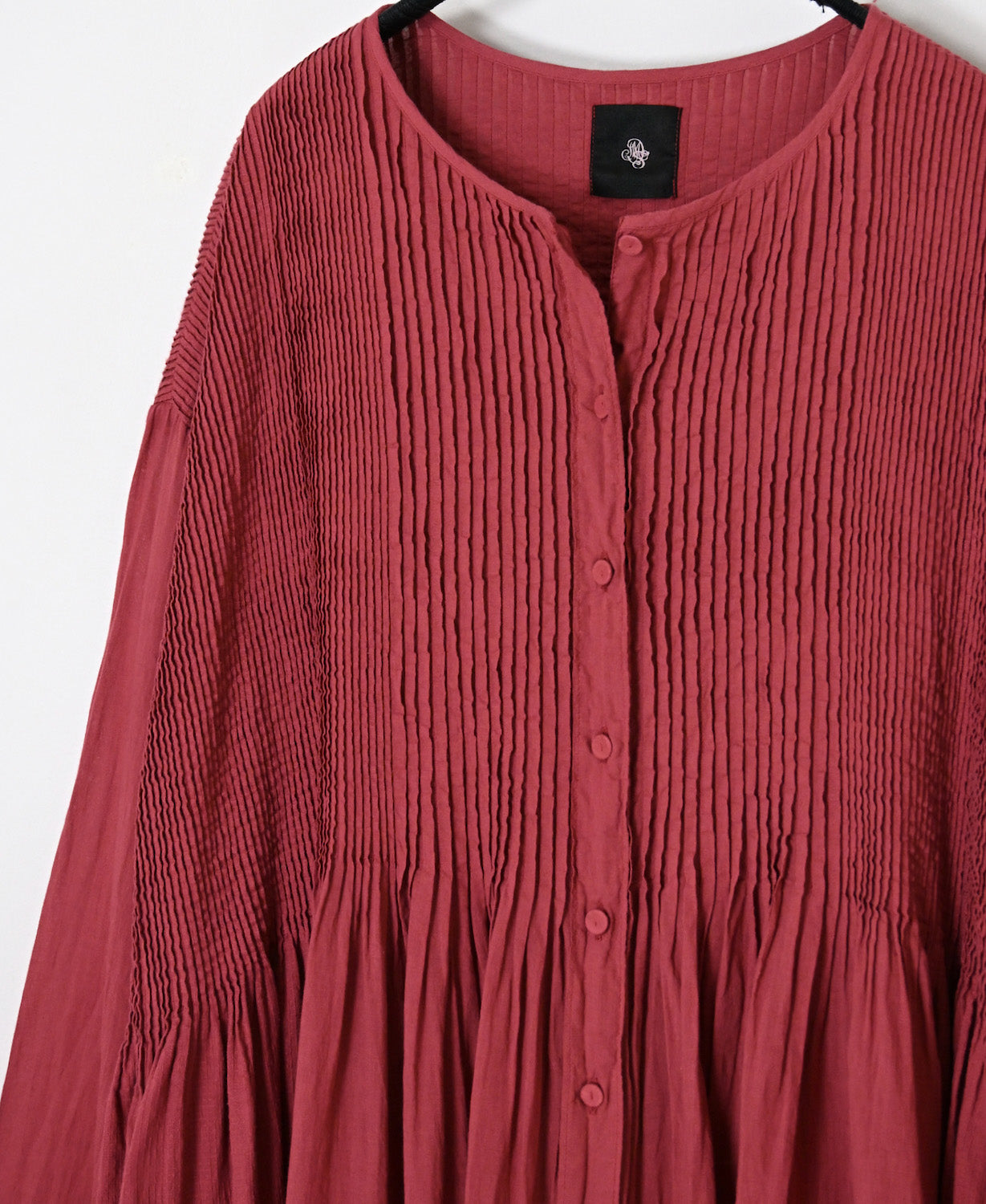 NMDS26604D ORGANIC MICRO CHECK&VOILE PLAIN PATCHWORK OVERDYE CREW-NECK BUTTON SHIRT MAXI DRESS WITH PINTUCK