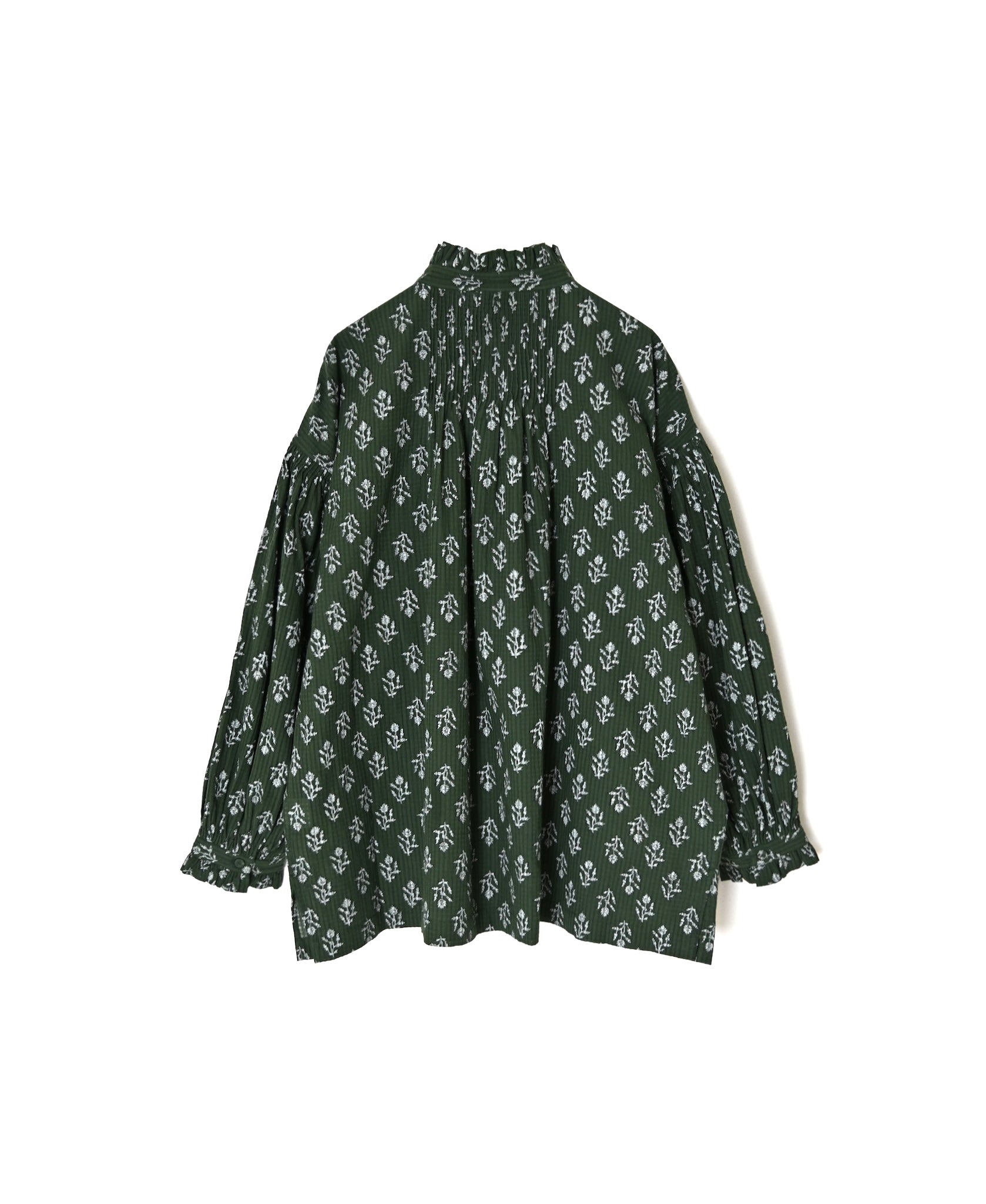 NMDS26611 80s ORGANIC SMALL CHECK MEDIUM FLOWER BLOCK PRINT FRILL COLLAR SHIRT WITH MINI PINTUCK
