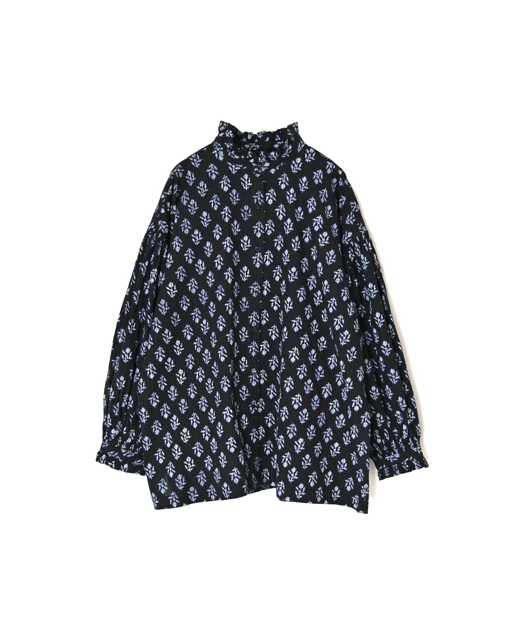 NMDS26611 80s ORGANIC SMALL CHECK MEDIUM FLOWER BLOCK PRINT FRILL COLLAR SHIRT WITH MINI PINTUCK