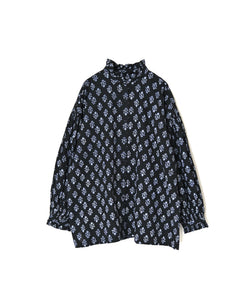 NMDS26611 80s ORGANIC SMALL CHECK MEDIUM FLOWER BLOCK PRINT FRILL COLLAR SHIRT WITH MINI PINTUCK