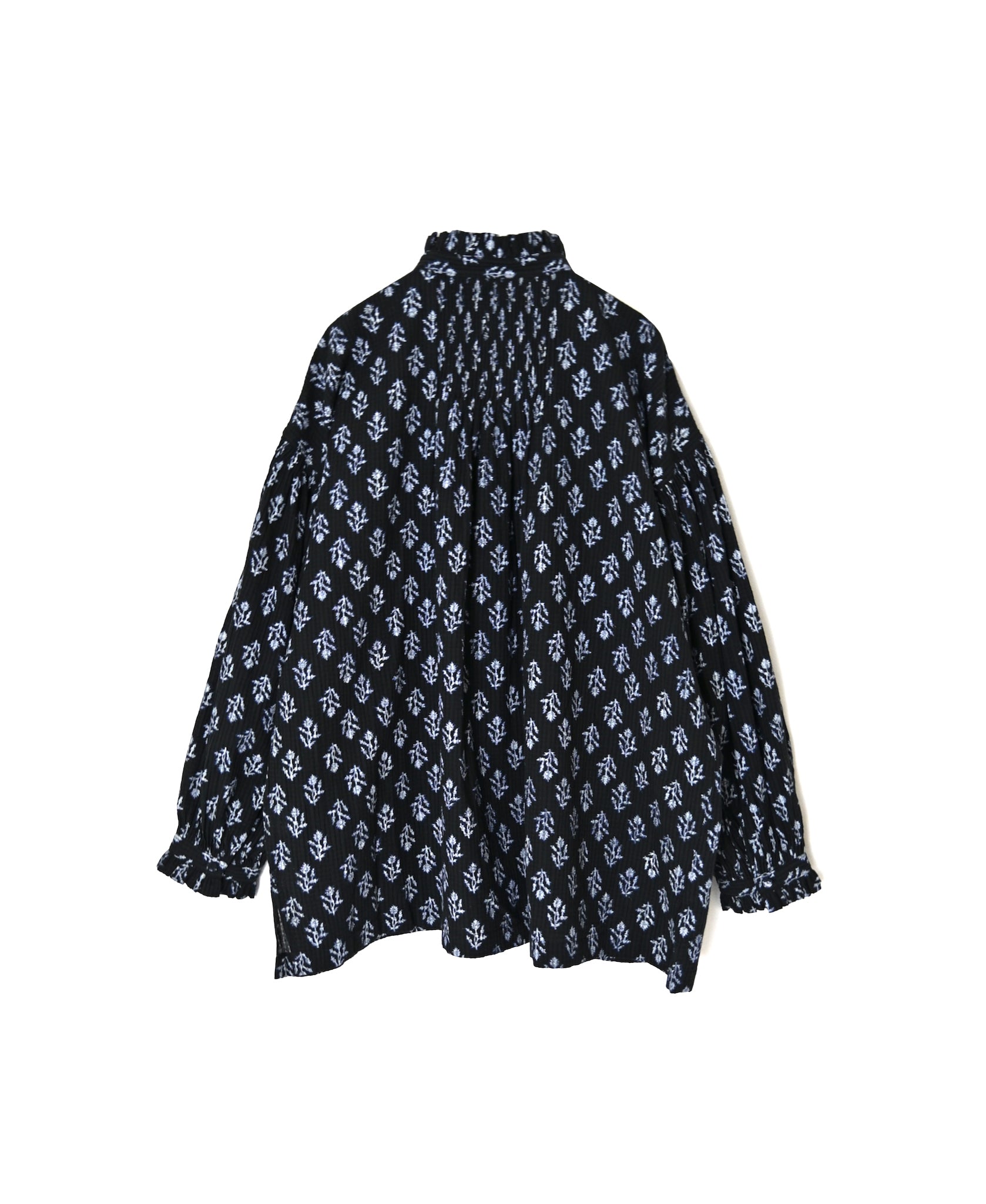 NMDS26611 80s ORGANIC SMALL CHECK MEDIUM FLOWER BLOCK PRINT FRILL COLLAR SHIRT WITH MINI PINTUCK