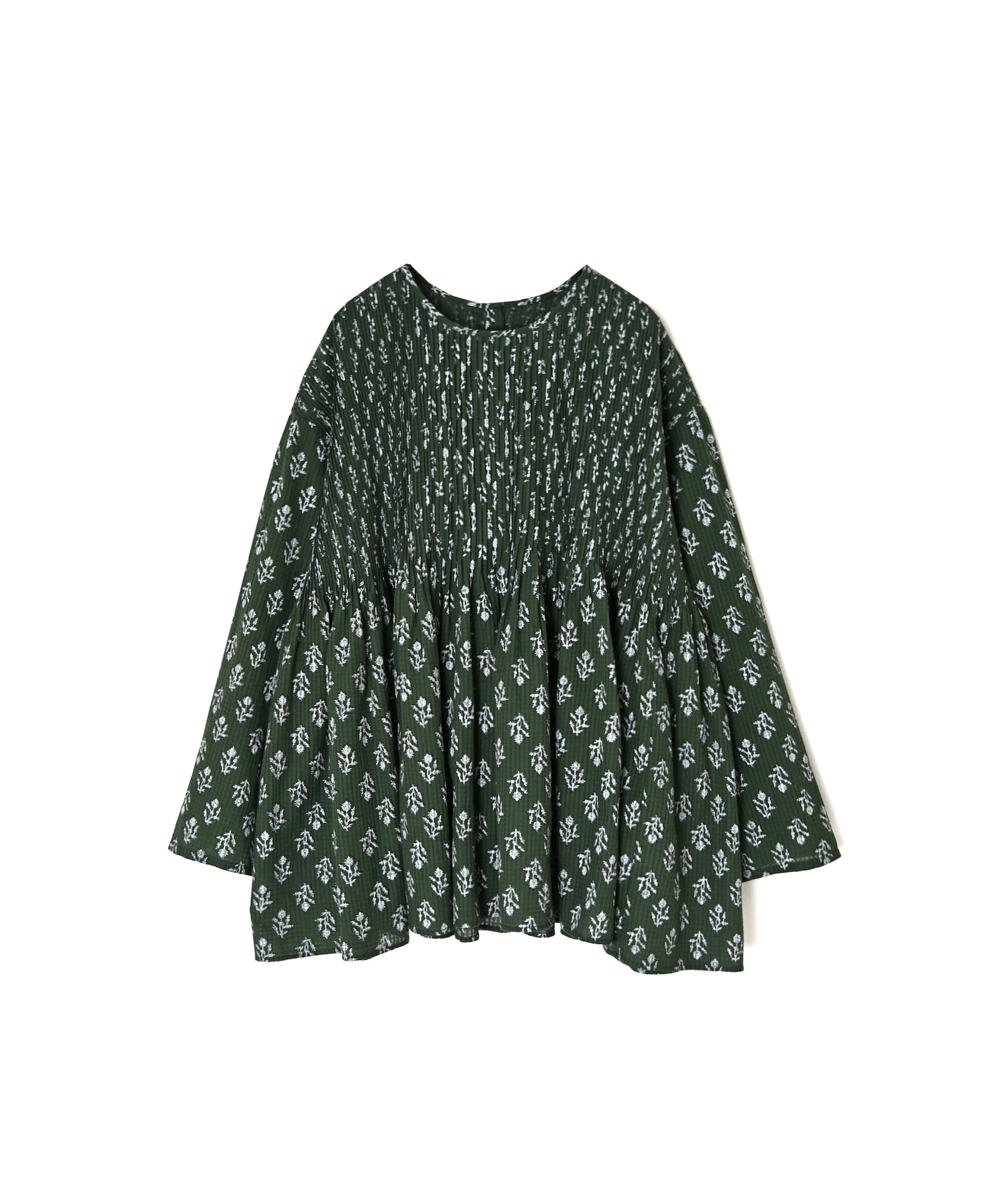 NMDS26612 80s ORGANIC SMALL CHECK MEDIUM FLOWER BLOCK PRINT C/NECK P/O SHIRT WITH PINTUCK