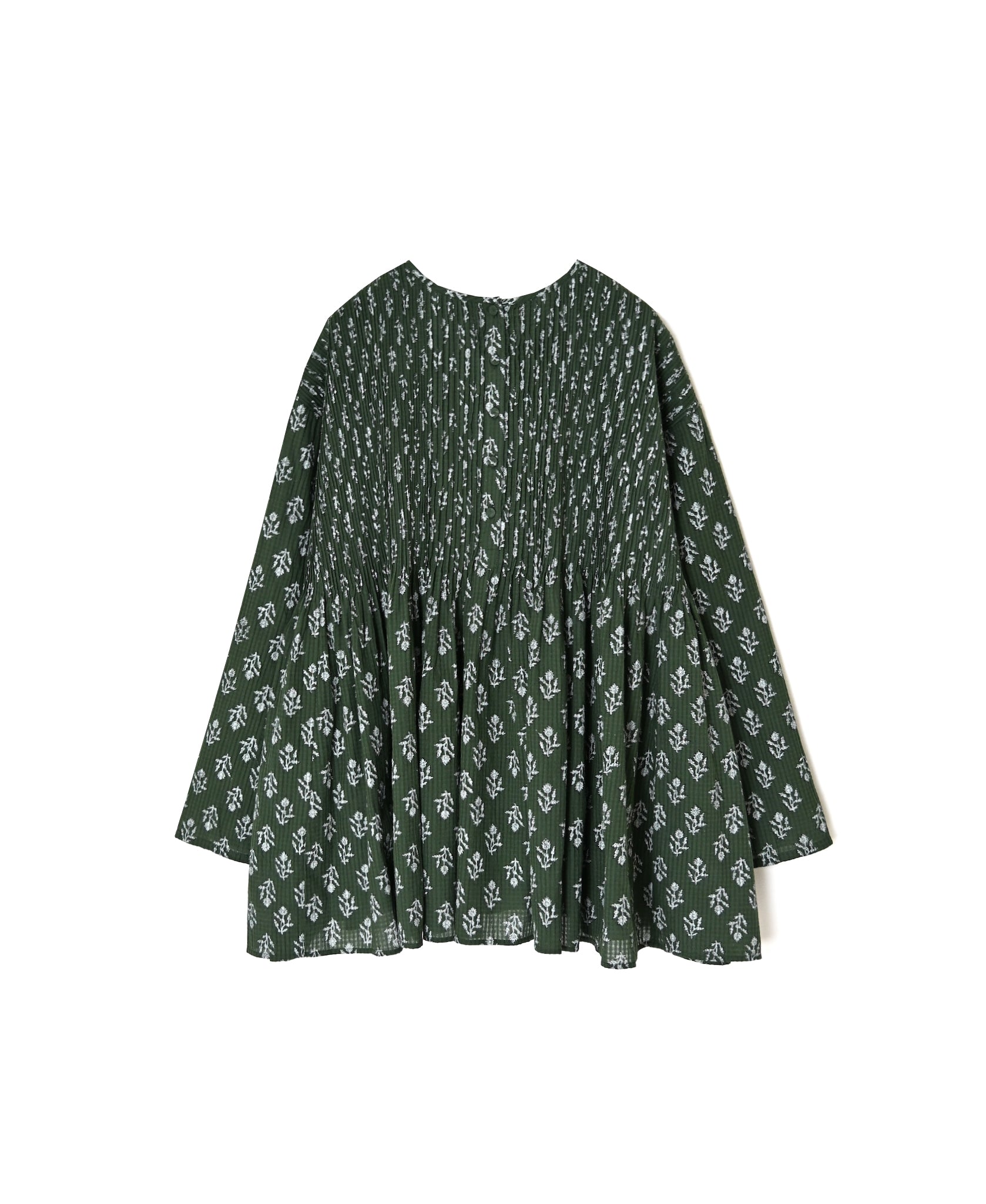 NMDS26612 80s ORGANIC SMALL CHECK MEDIUM FLOWER BLOCK PRINT C/NECK P/O SHIRT WITH PINTUCK