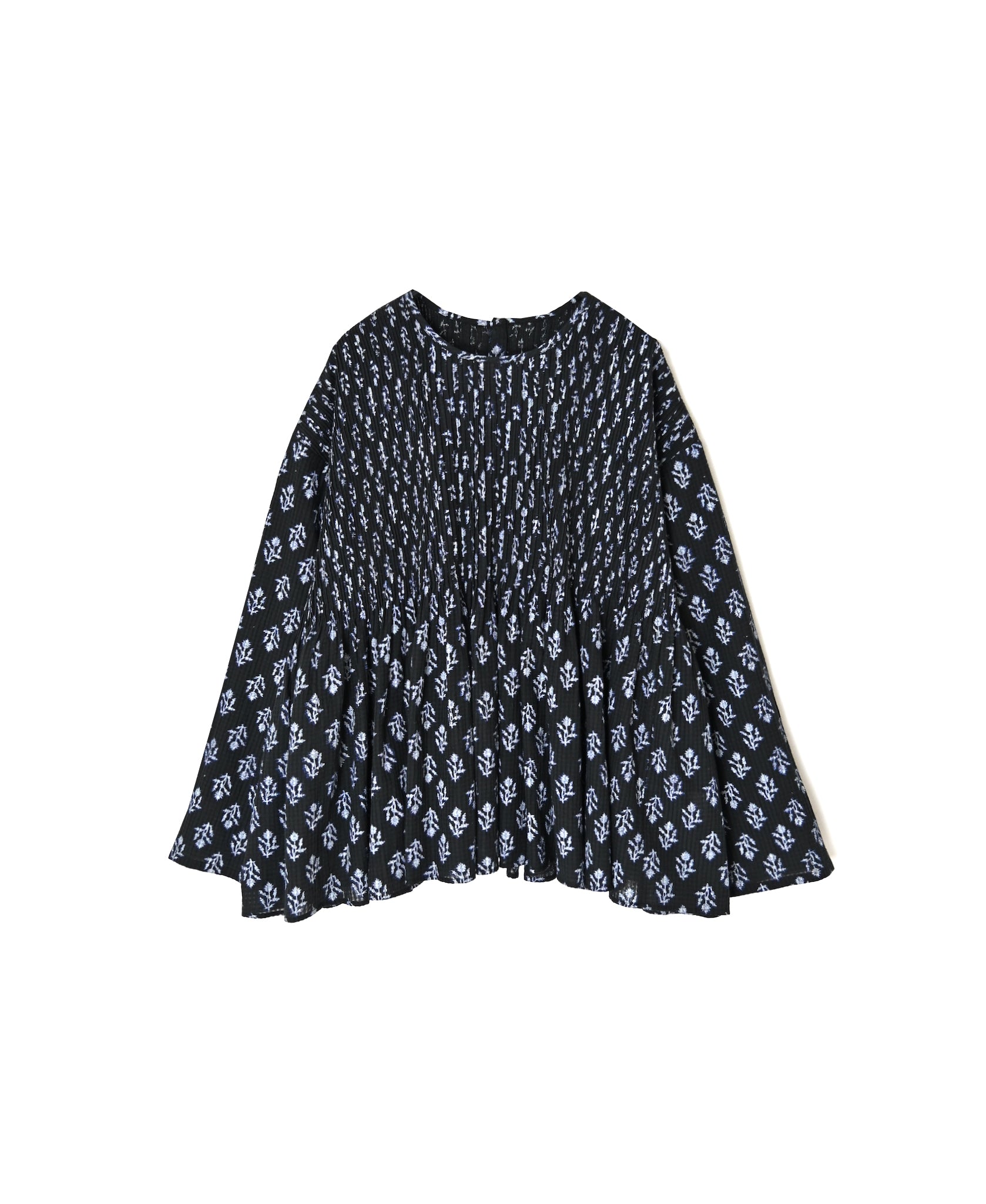 NMDS26612 80s ORGANIC SMALL CHECK MEDIUM FLOWER BLOCK PRINT C/NECK P/O SHIRT WITH PINTUCK