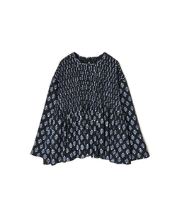 NMDS26612 80s ORGANIC SMALL CHECK MEDIUM FLOWER BLOCK PRINT C/NECK P/O SHIRT WITH PINTUCK