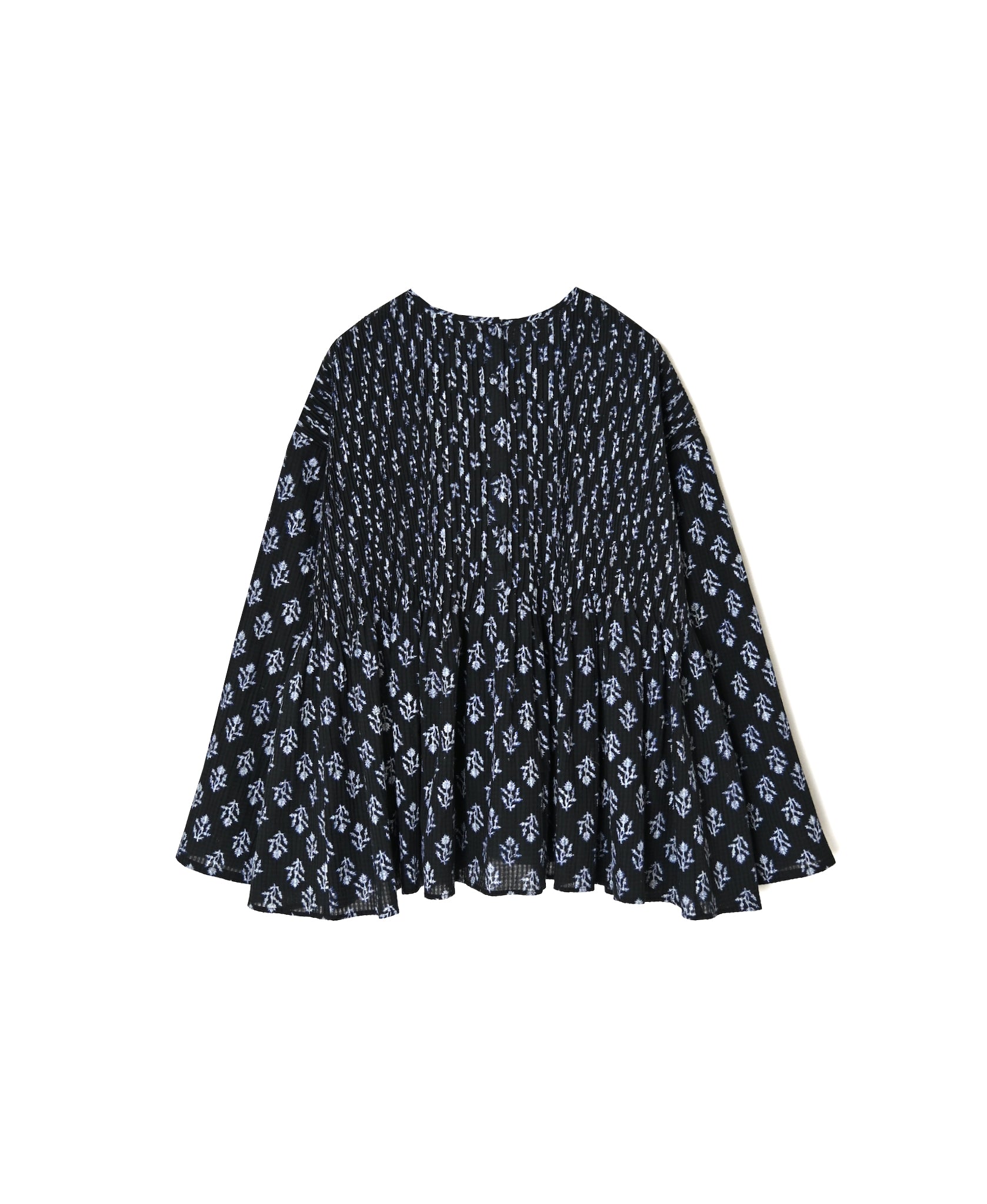 NMDS26612 80s ORGANIC SMALL CHECK MEDIUM FLOWER BLOCK PRINT C/NECK P/O SHIRT WITH PINTUCK