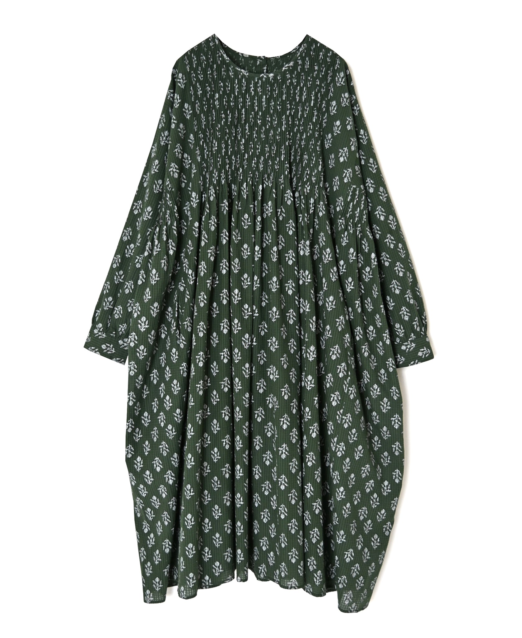 NMDS26613 80s ORGANIC SMALL CHECK MEDIUM FLOWER BLOCK PRINT CREW-NECK P/O SHIRT DRESS WITH PINTUCK