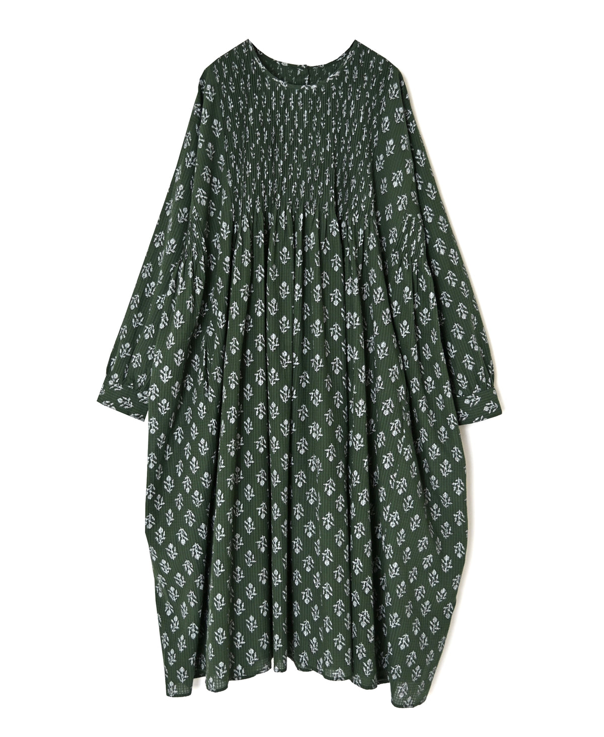 NMDS26613 80s ORGANIC SMALL CHECK MEDIUM FLOWER BLOCK PRINT CREW-NECK P/O SHIRT DRESS WITH PINTUCK