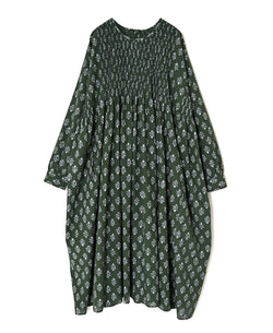 NMDS26613 80s ORGANIC SMALL CHECK MEDIUM FLOWER BLOCK PRINT CREW-NECK P/O SHIRT DRESS WITH PINTUCK