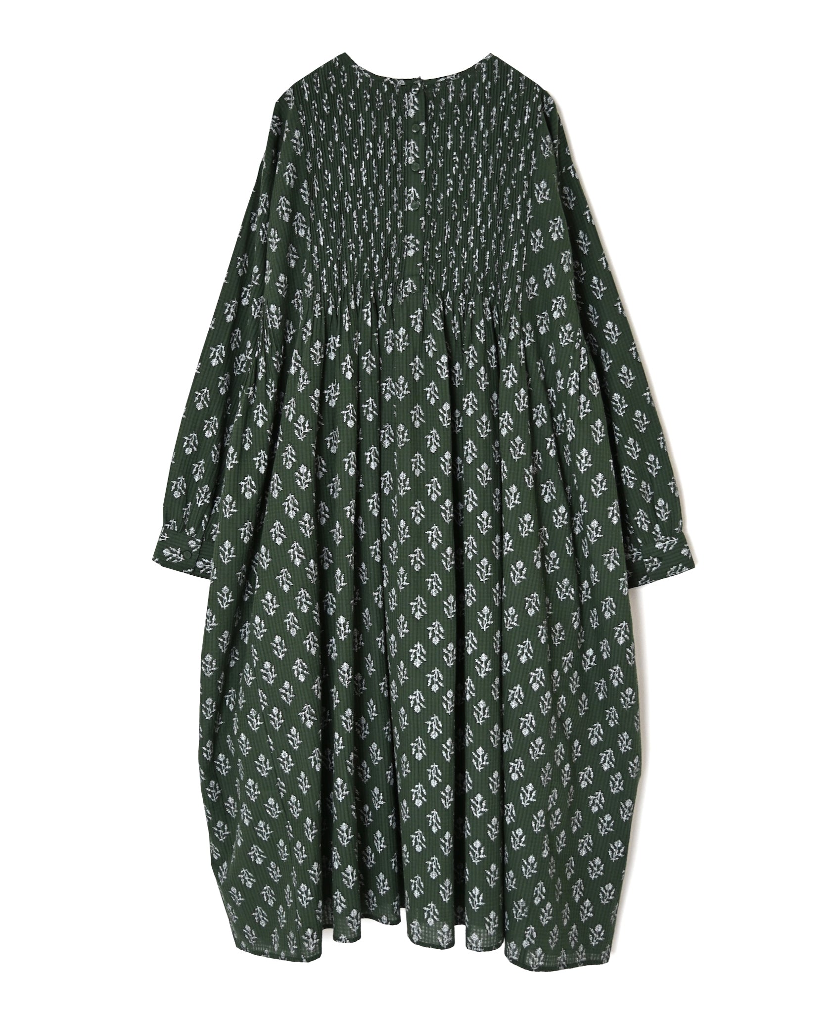 NMDS26613 80s ORGANIC SMALL CHECK MEDIUM FLOWER BLOCK PRINT CREW-NECK P/O SHIRT DRESS WITH PINTUCK