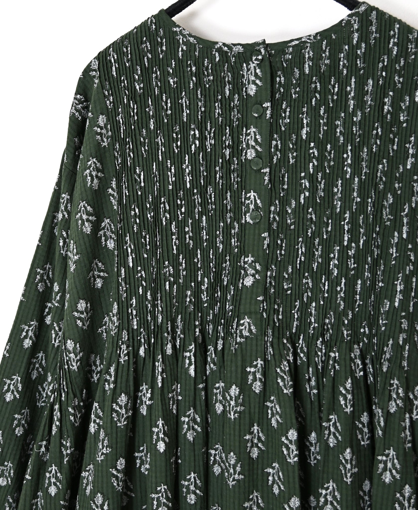 NMDS26613 80s ORGANIC SMALL CHECK MEDIUM FLOWER BLOCK PRINT CREW-NECK P/O SHIRT DRESS WITH PINTUCK