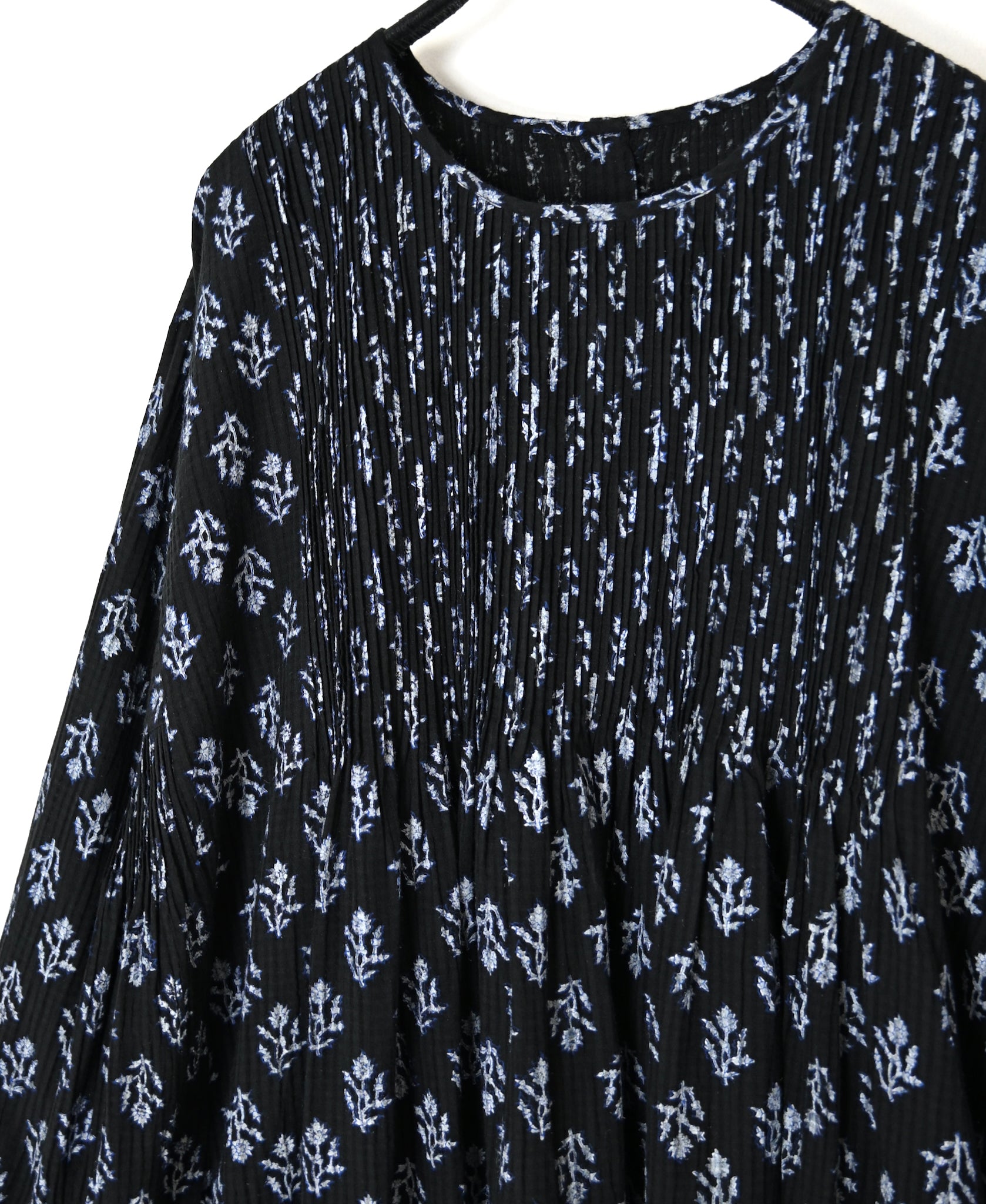 NMDS26613 80s ORGANIC SMALL CHECK MEDIUM FLOWER BLOCK PRINT CREW-NECK P/O SHIRT DRESS WITH PINTUCK