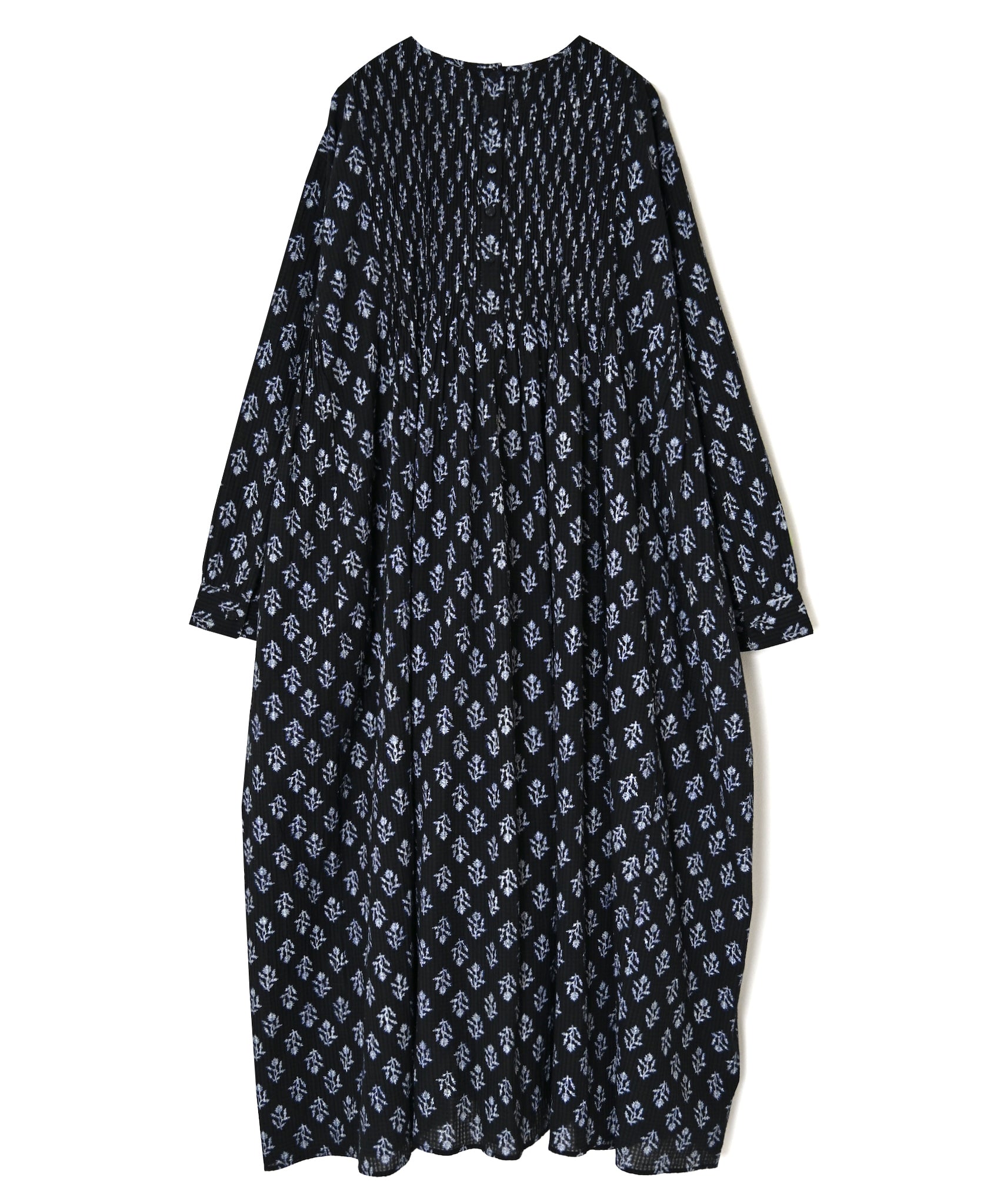 NMDS26613 80s ORGANIC SMALL CHECK MEDIUM FLOWER BLOCK PRINT CREW-NECK P/O SHIRT DRESS WITH PINTUCK