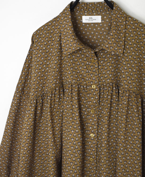 NSL26031 COTTON SLUB SMALL FLOWER PRINT REGULAR COLLAR GATHERED SHIRT SMOCK