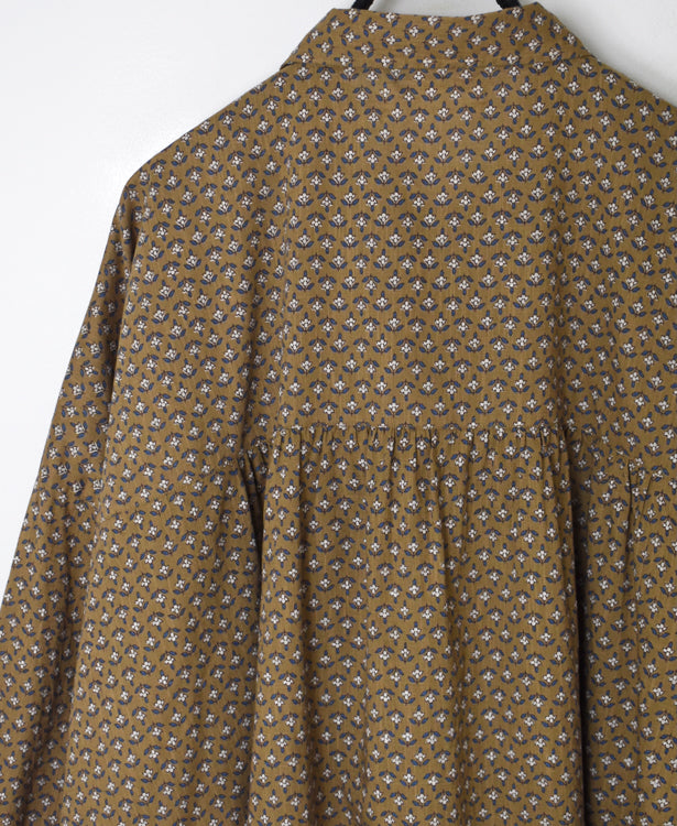 NSL26031 COTTON SLUB SMALL FLOWER PRINT REGULAR COLLAR GATHERED SHIRT SMOCK