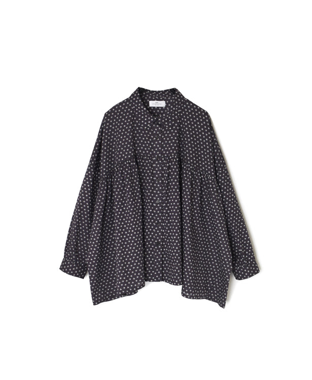 NSL26031 COTTON SLUB SMALL FLOWER PRINT REGULAR COLLAR GATHERED SHIRT SMOCK