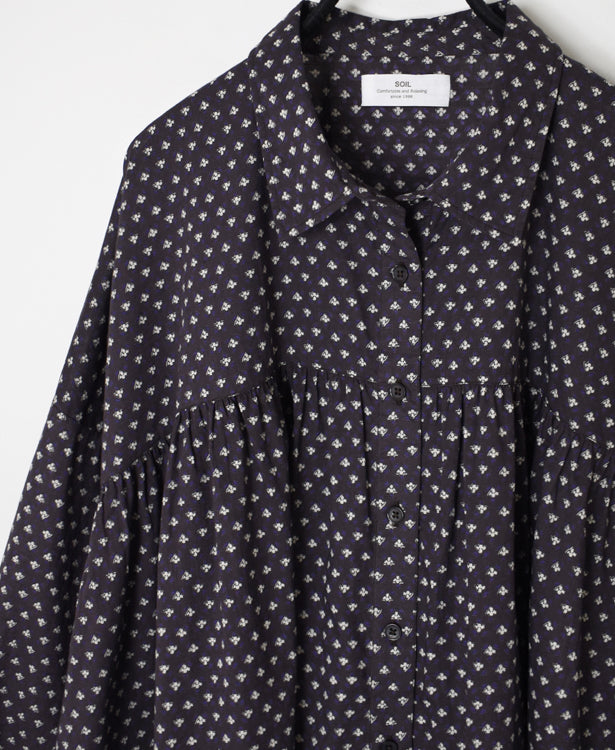 NSL26031 COTTON SLUB SMALL FLOWER PRINT REGULAR COLLAR GATHERED SHIRT SMOCK