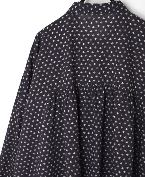 NSL26031 COTTON SLUB SMALL FLOWER PRINT REGULAR COLLAR GATHERED SHIRT SMOCK