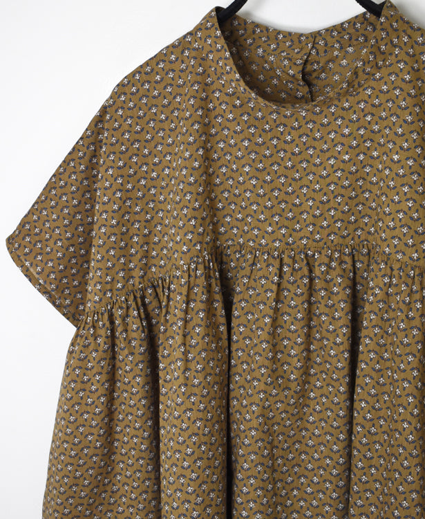 NSL26032 COTTON SLUB SMALL FLOWER PRINT BACK OPENING STAND COLLAR SHIRT