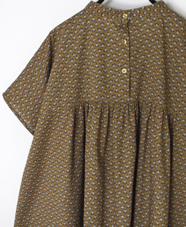 NSL26032 COTTON SLUB SMALL FLOWER PRINT BACK OPENING STAND COLLAR SHIRT