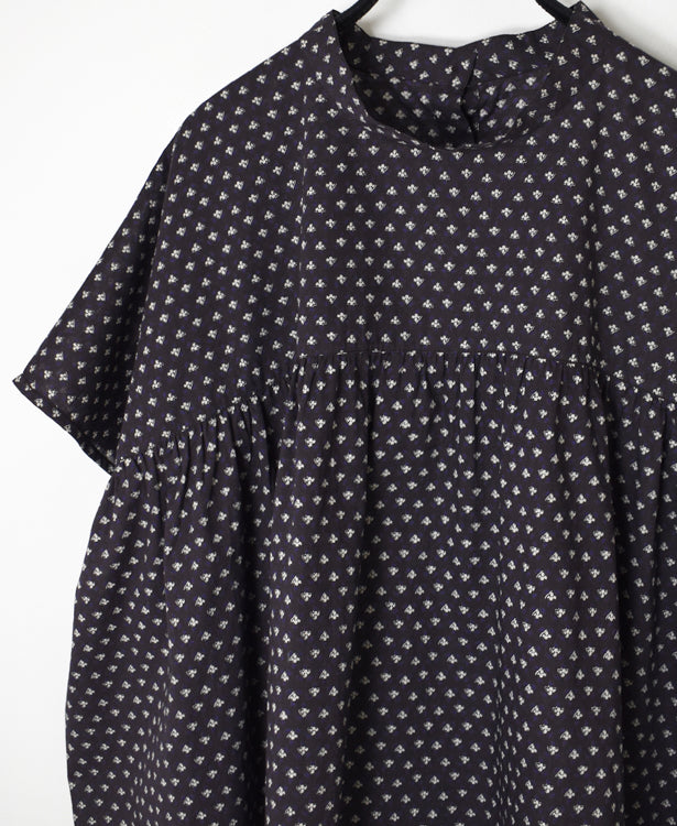 NSL26032 COTTON SLUB SMALL FLOWER PRINT BACK OPENING STAND COLLAR SHIRT