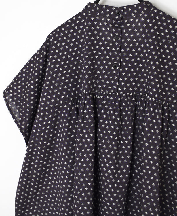 NSL26032 COTTON SLUB SMALL FLOWER PRINT BACK OPENING STAND COLLAR SHIRT