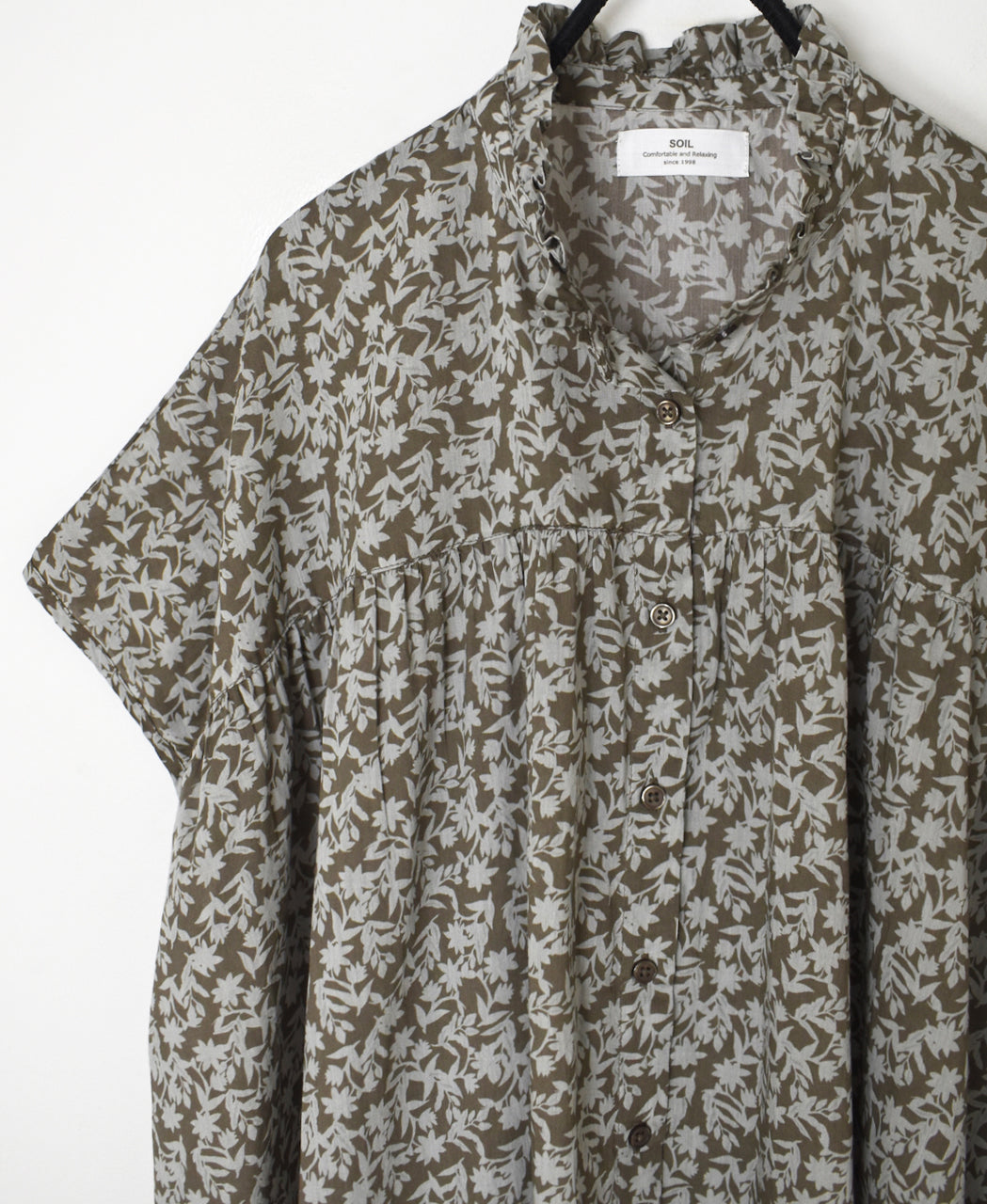 NSL26071 80s VOILE TWO TONE FLOWER PRINT FRILL COLLAR FRENCH/SL SHIRT