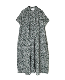 NSL26073 80s VOILE TWO TONE FLOWER PRINT BANDED COLLAR FRENCH/SL PINTUCK DRESS
