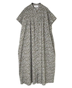NSL26073 80s VOILE TWO TONE FLOWER PRINT BANDED COLLAR FRENCH/SL PINTUCK DRESS
