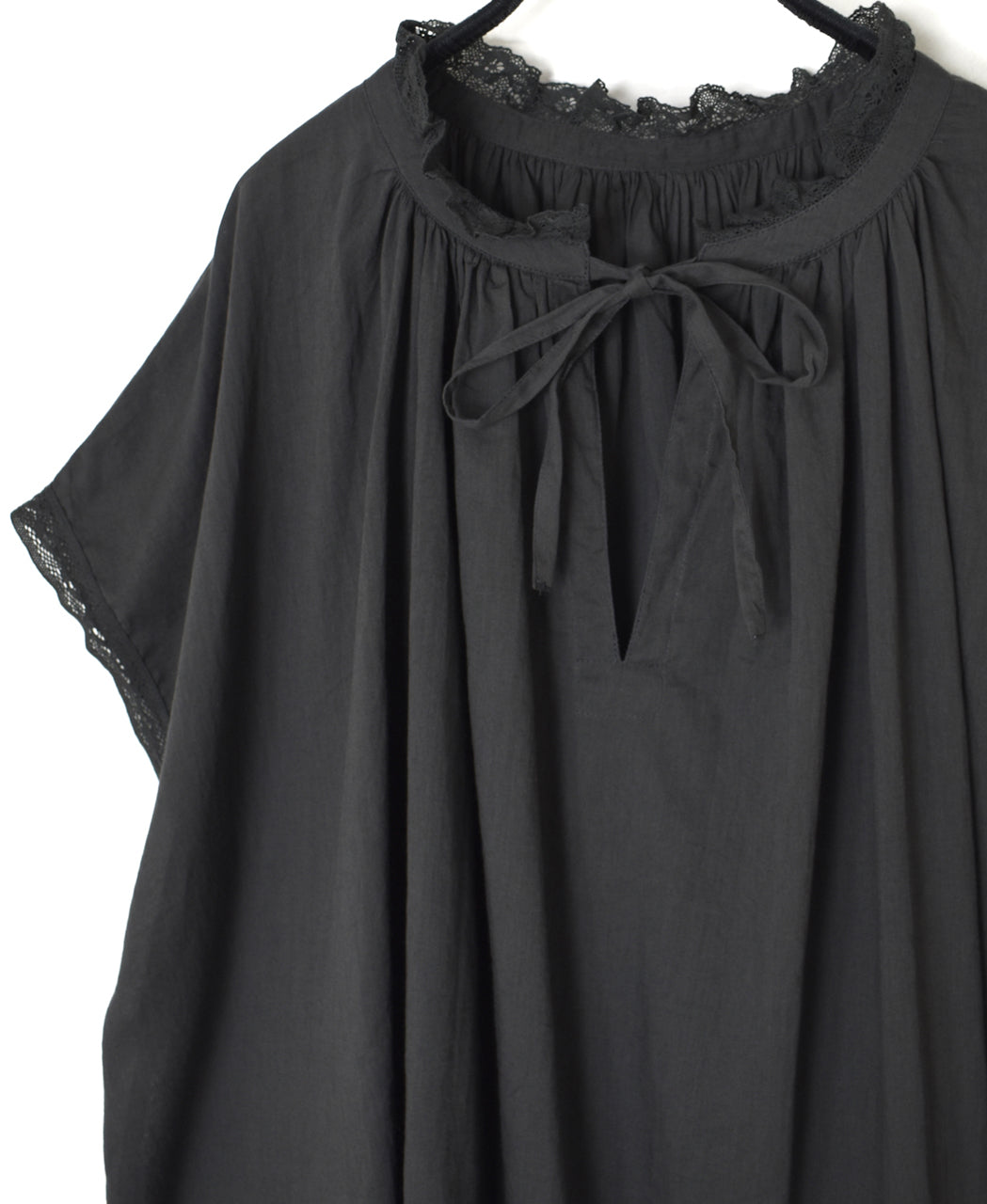 NSL26092 80s COTTON VOILE LACE LACE&STRING COLLAR GATHERED SHIRT