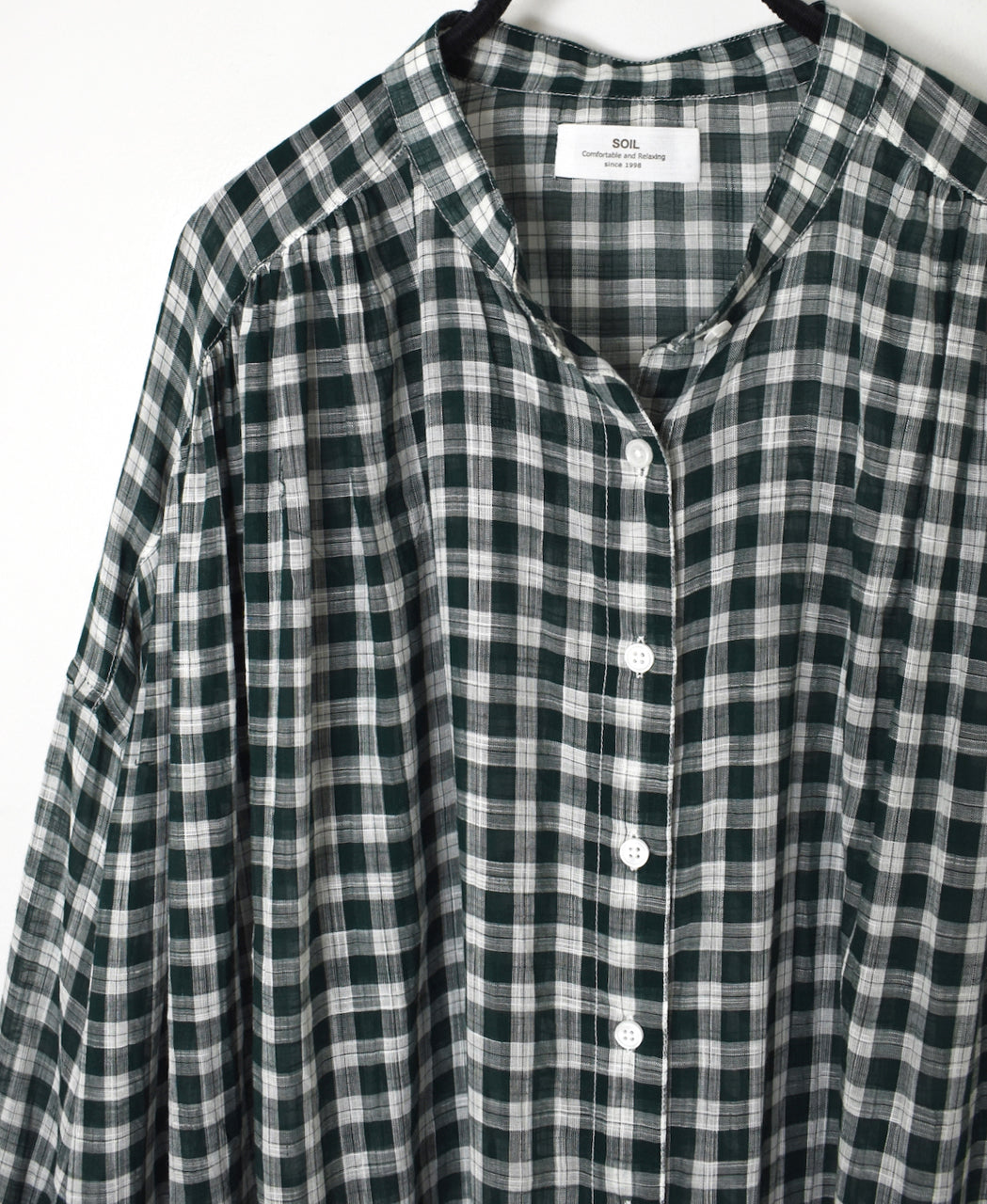 NSL26103 FANCY GINGHAM CHECK BANDED COLLAR GATHER SHIRT DRESS