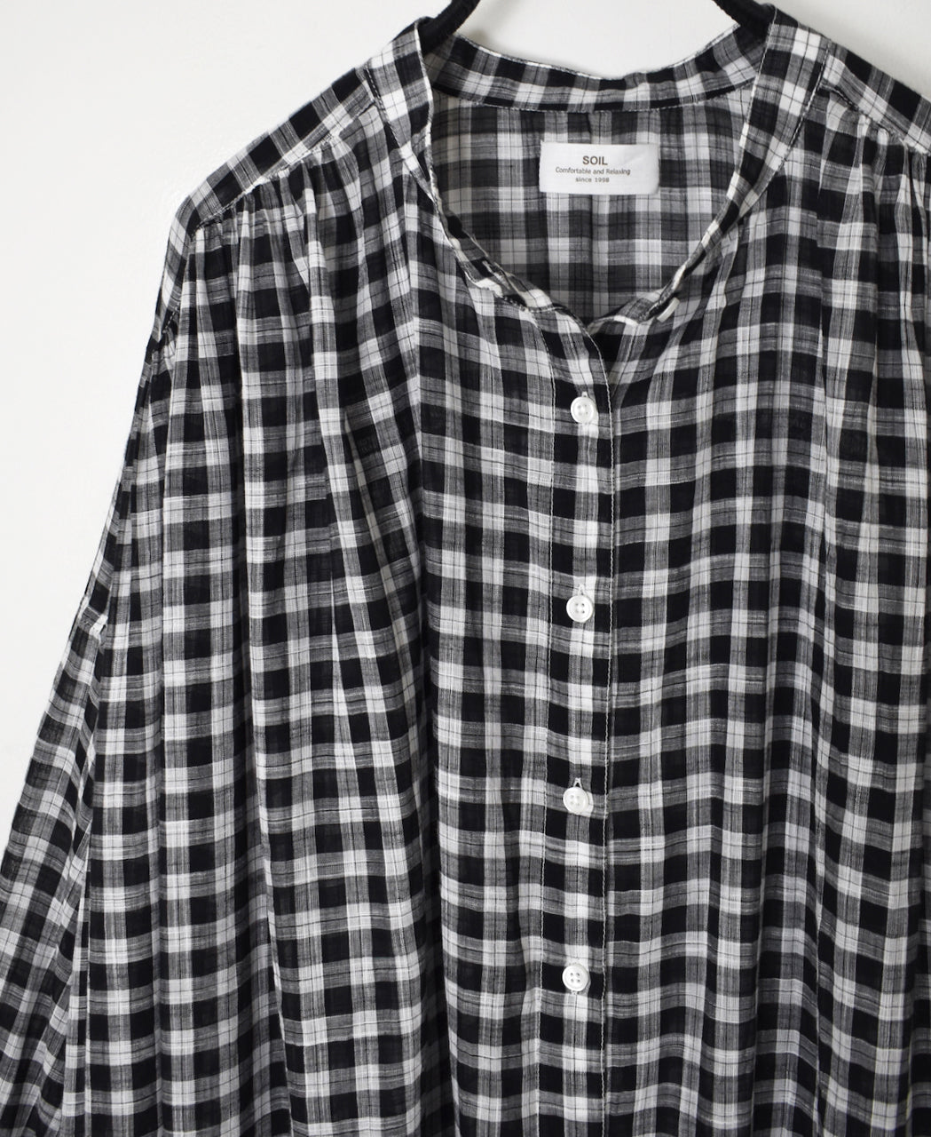 NSL26103 FANCY GINGHAM CHECK BANDED COLLAR GATHER SHIRT DRESS