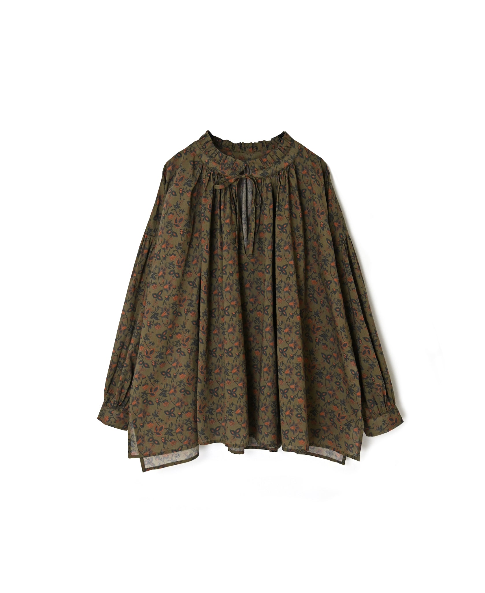 NSL26592 60s COTTON CAMBRIC FLOWER PRINT FRILL&STRING COLLAR GATHERED SHIRT