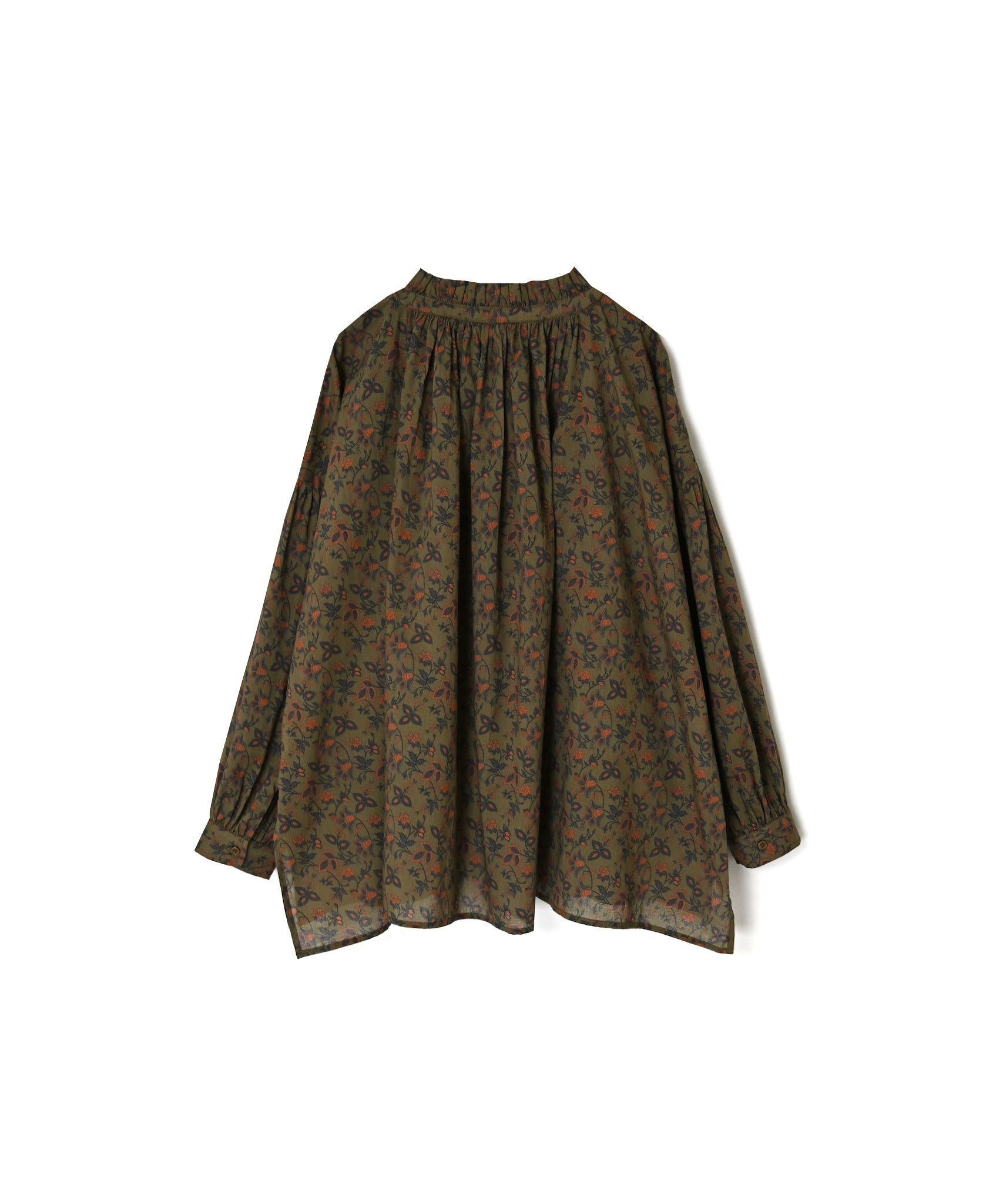 NSL26592 60s COTTON CAMBRIC FLOWER PRINT FRILL&STRING COLLAR GATHERED SHIRT