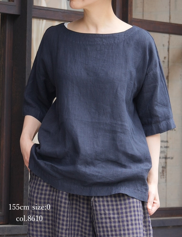 NAM1631LP LINEN PLAIN OVERDYE BOAT NECK S/SL SHIRT