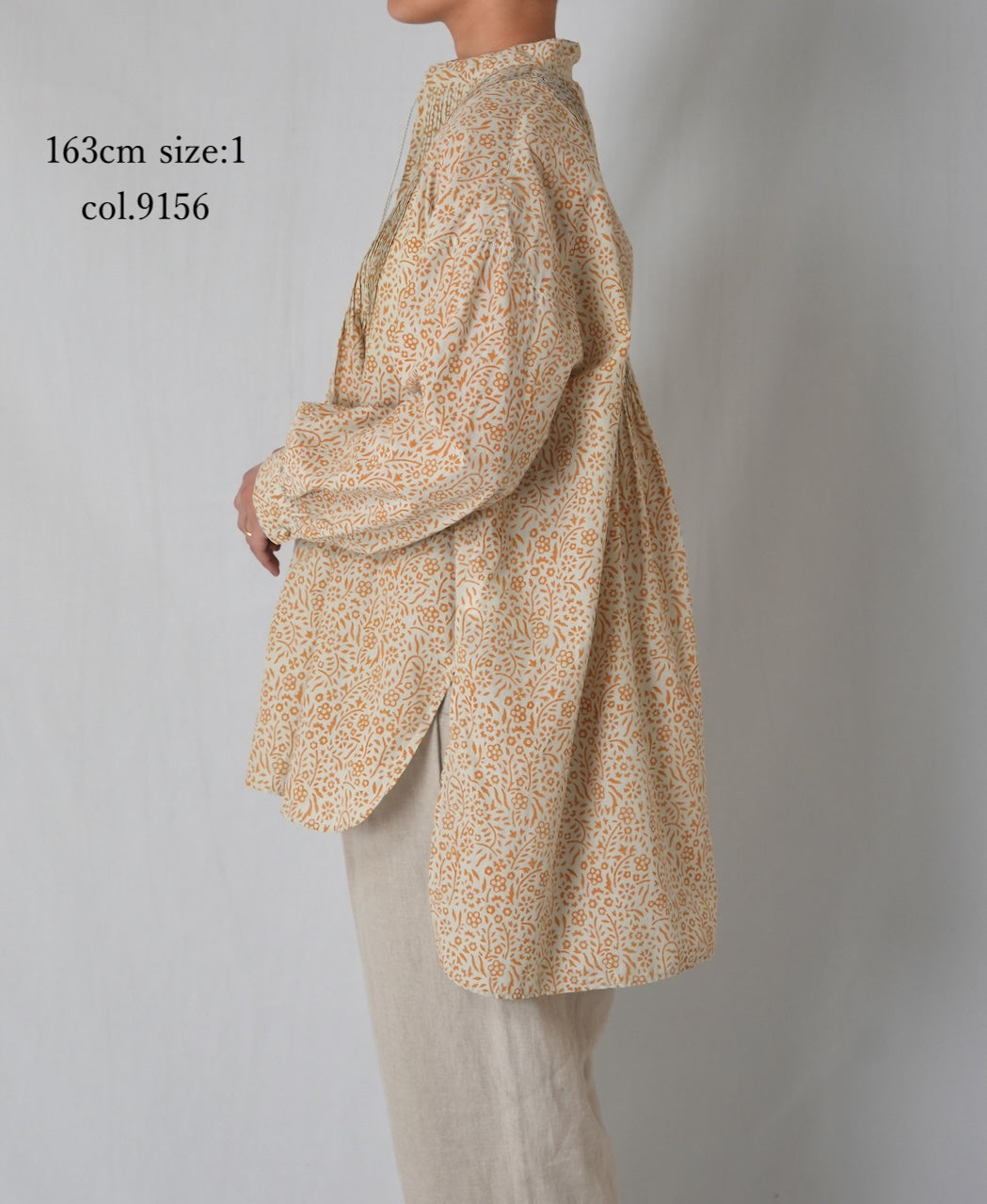 INMDS26102 80s COTTON FLOWER BLOCK PRINT BANDED COLLAR MINI PINTUCK TUNIC