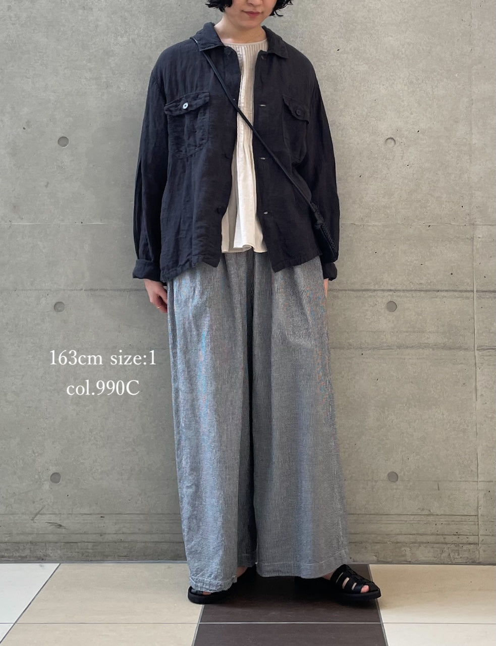 INAM2505C SEERSUCKER GINGHAM CHECK WASH GATHERED EASY PANTS WITH LINING