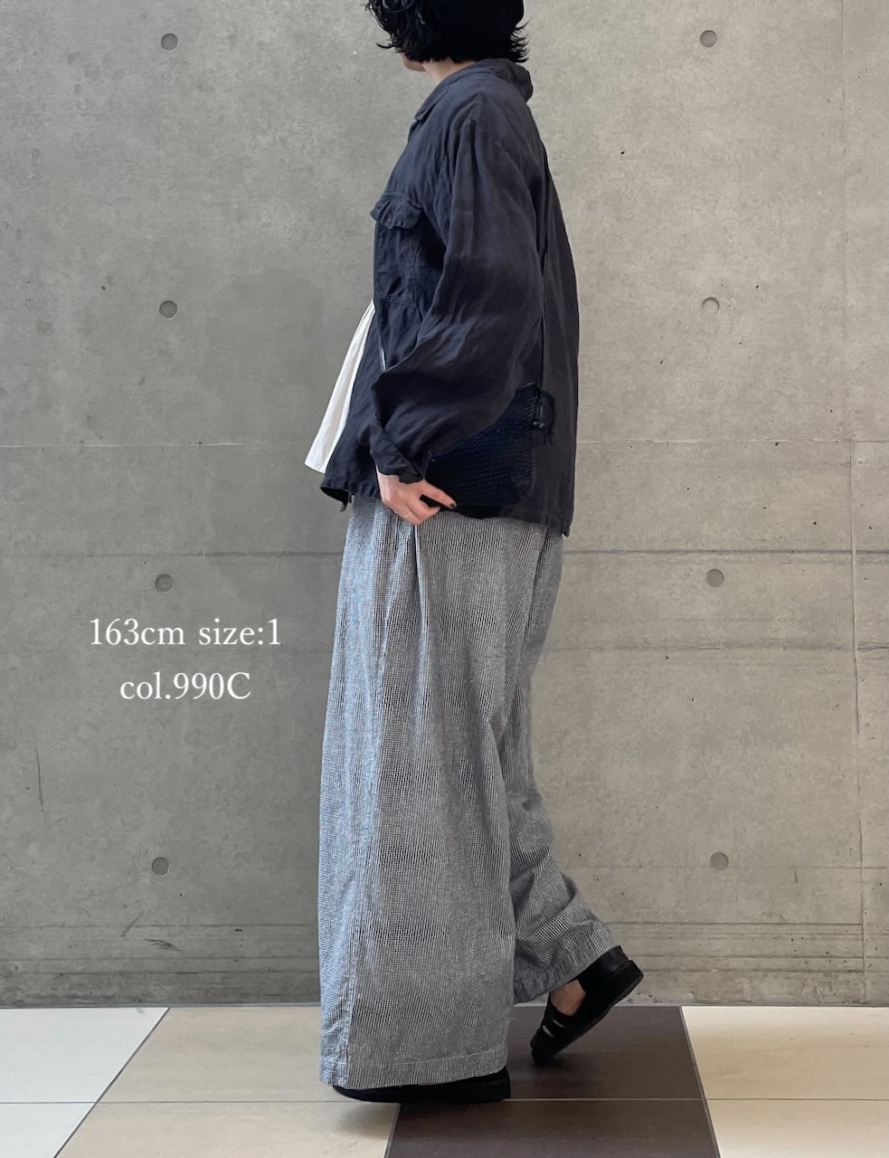 INAM2505C SEERSUCKER GINGHAM CHECK WASH GATHERED EASY PANTS WITH LINING