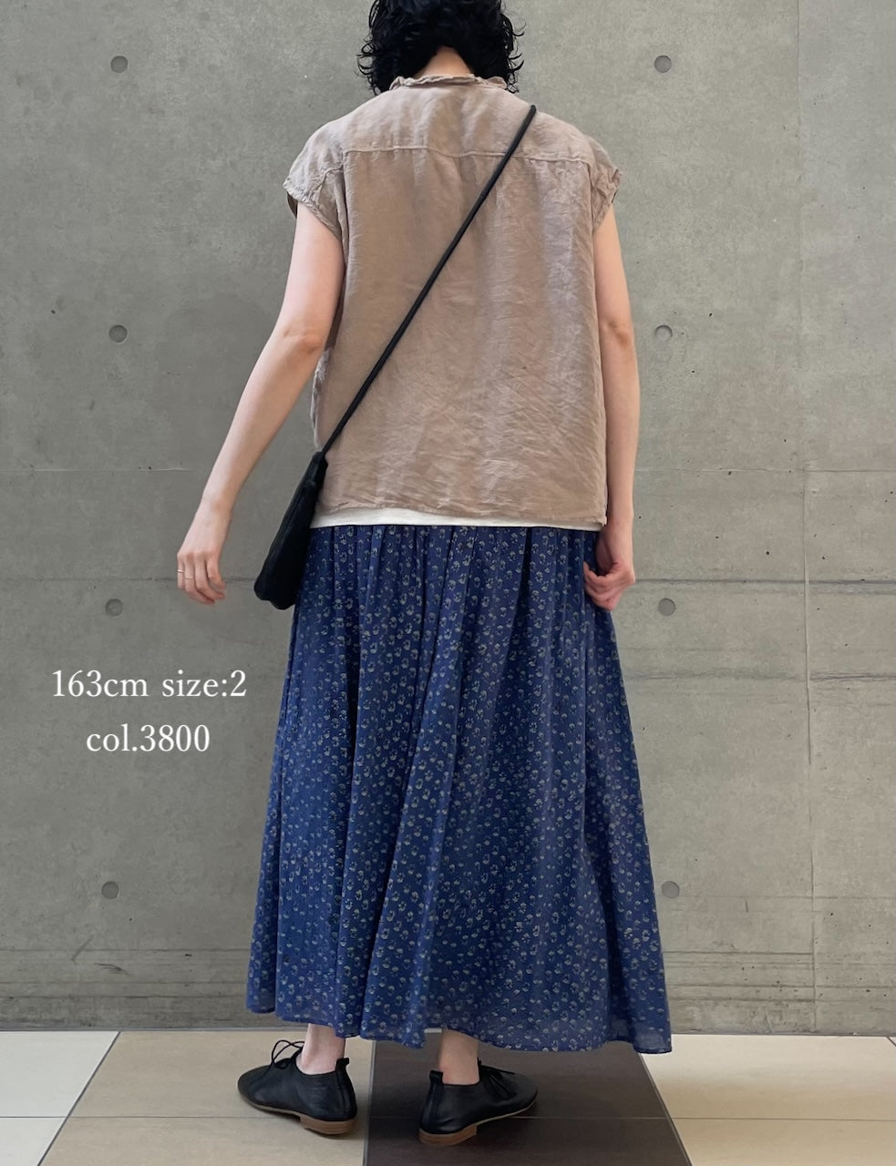 NMDS26254 80s VOILE SMALL GENTIANA BLOCK PRINT GATHERED SKIRT WITH LINING