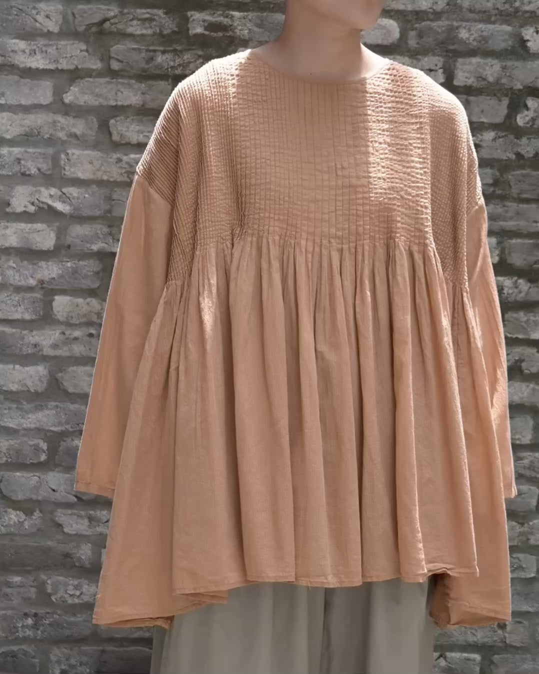 NMDS26511D 80s ORGANIC VOILE STRIPE (OVERDYE) CREW-NECK 3/4 SL SHIRT WITH MINI PINTUCK